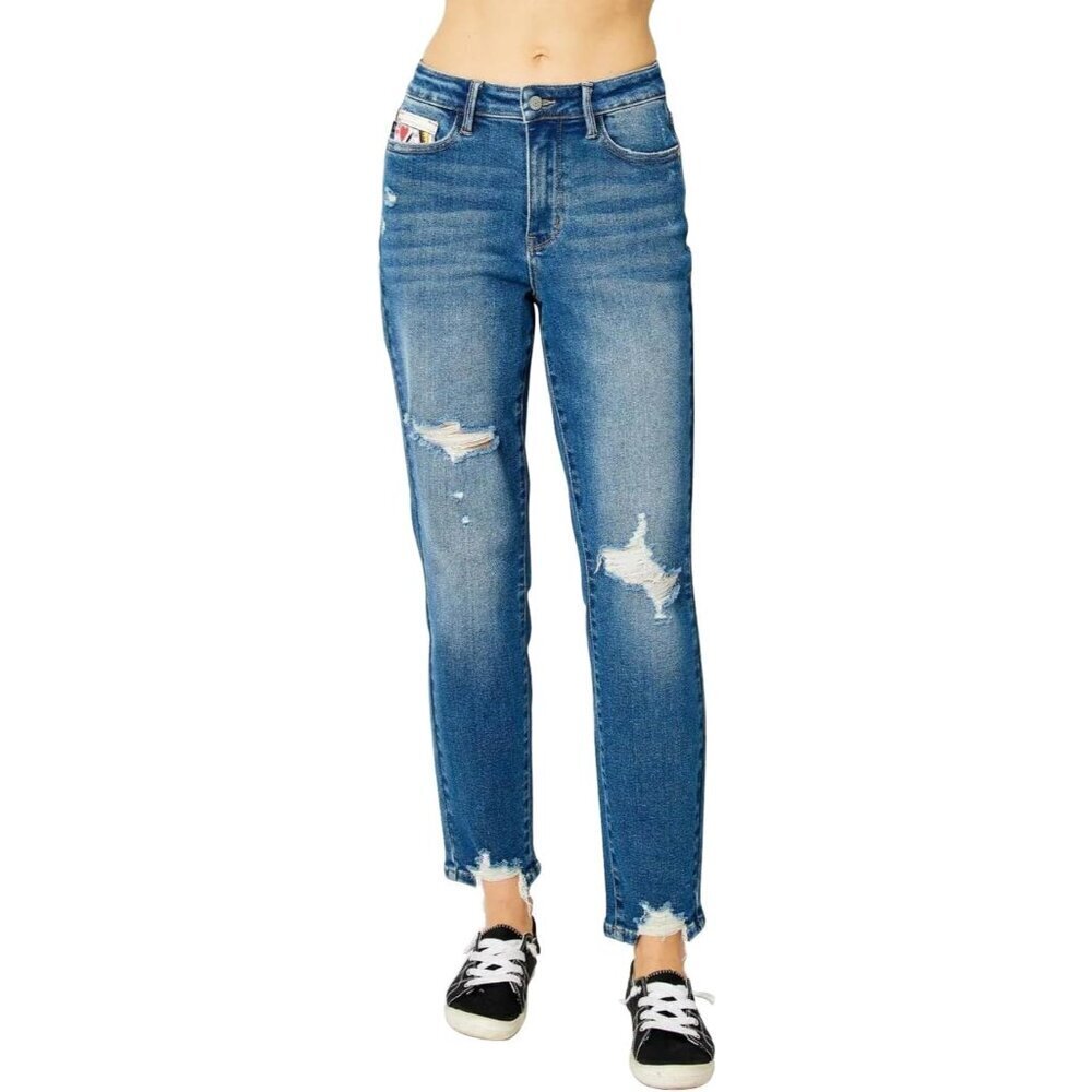 High Waist Boyfriend Jeans Cotton Spandex Relaxed Fit Queen of Hearts Detail - Picture 1 of 2
